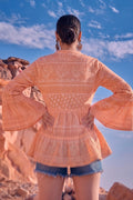 Peach Printed Tiered Boho Top with Bell Sleeves