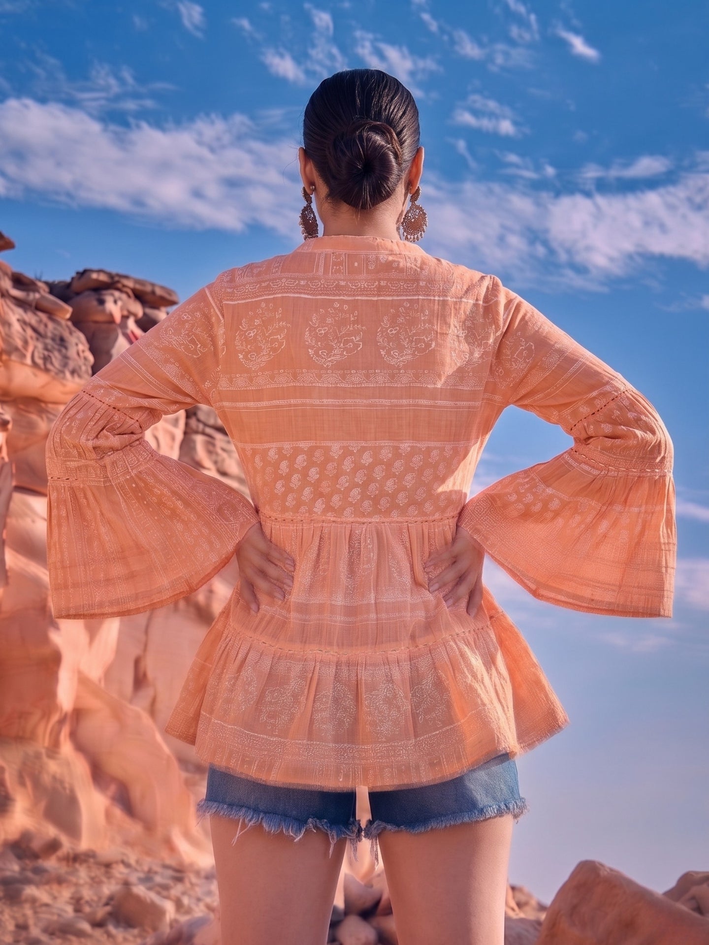Peach Printed Tiered Boho Top with Bell Sleeves