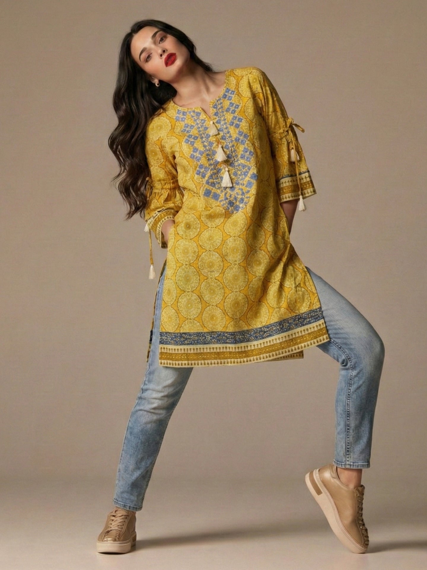 Tassel Neck Printed Cotton Lawn Kurti