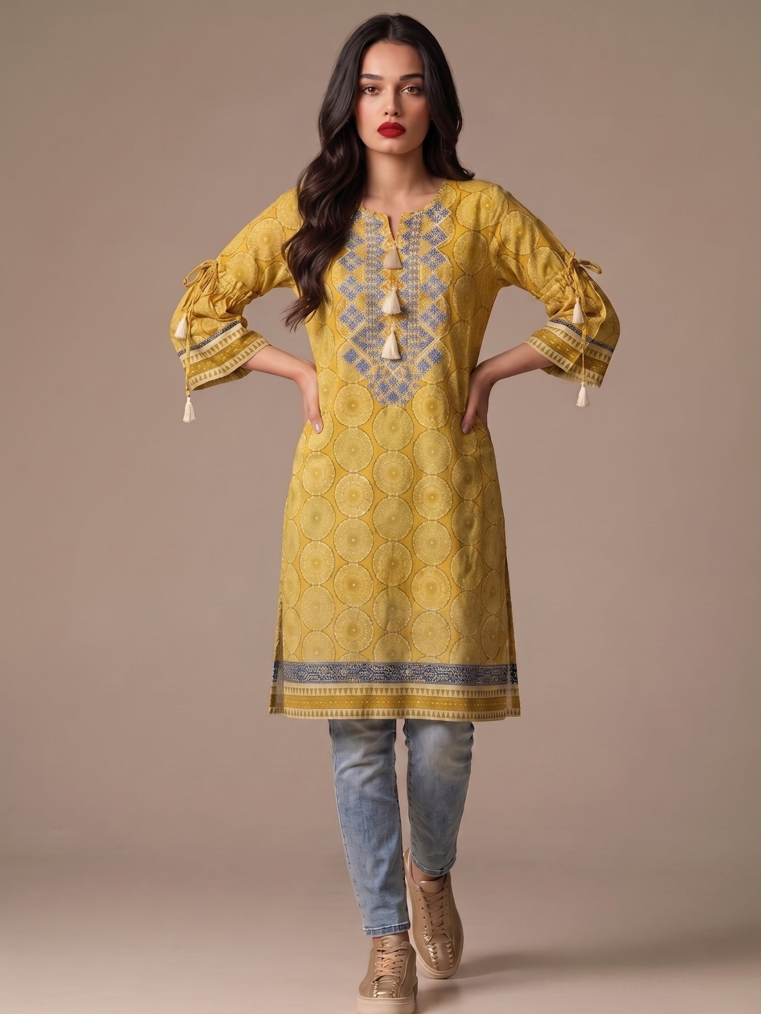 Tassel Neck Printed Cotton Lawn Kurti