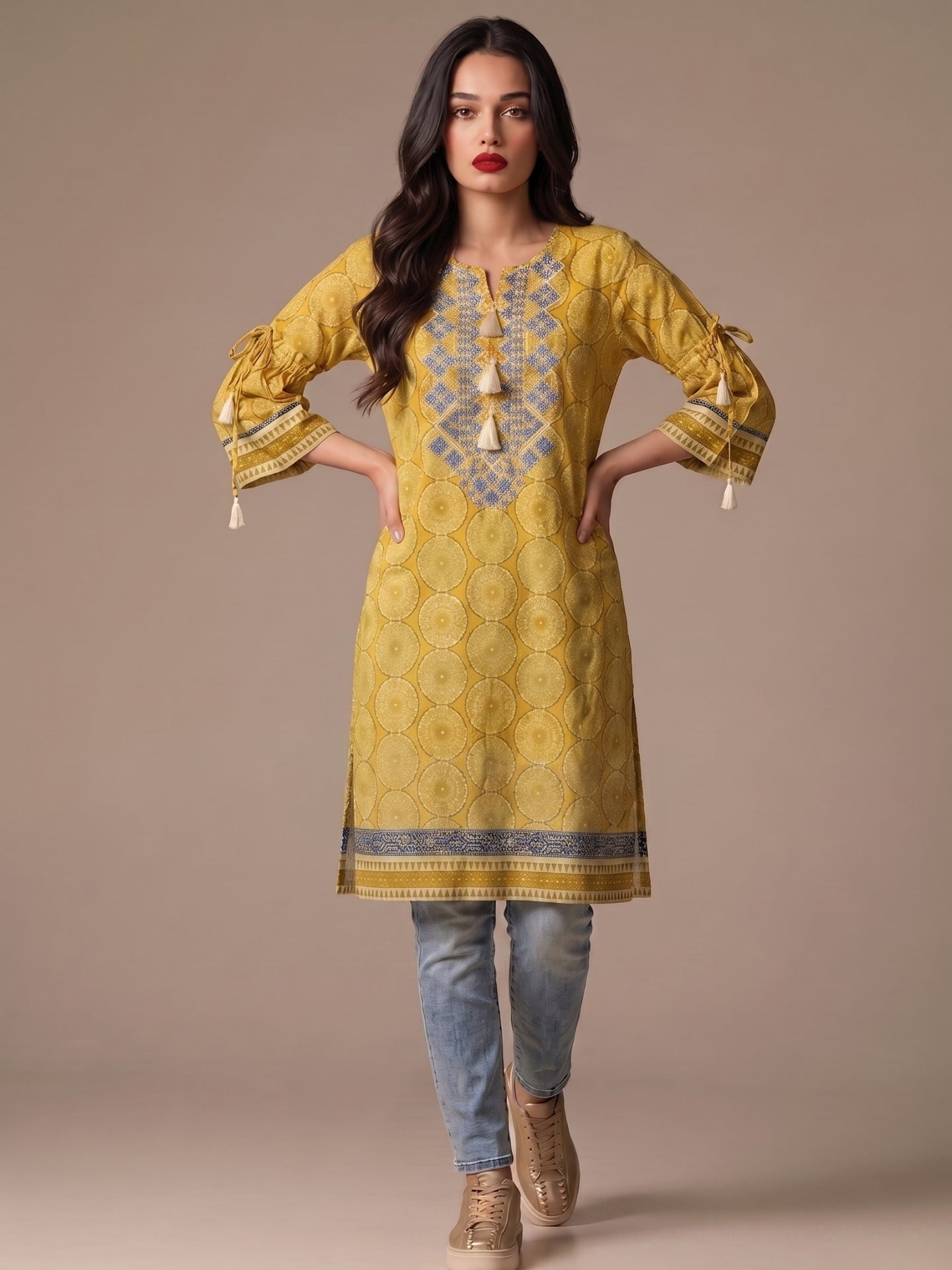 Tassel Neck Printed Cotton Lawn Kurti