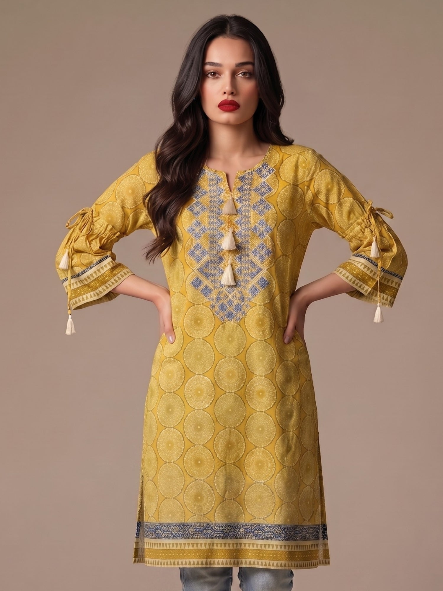 Tassel Neck Printed Cotton Lawn Kurti