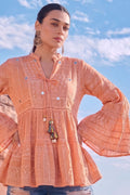 Peach Printed Tiered Boho Top with Bell Sleeves