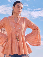 Peach Printed Tiered Boho Top with Bell Sleeves