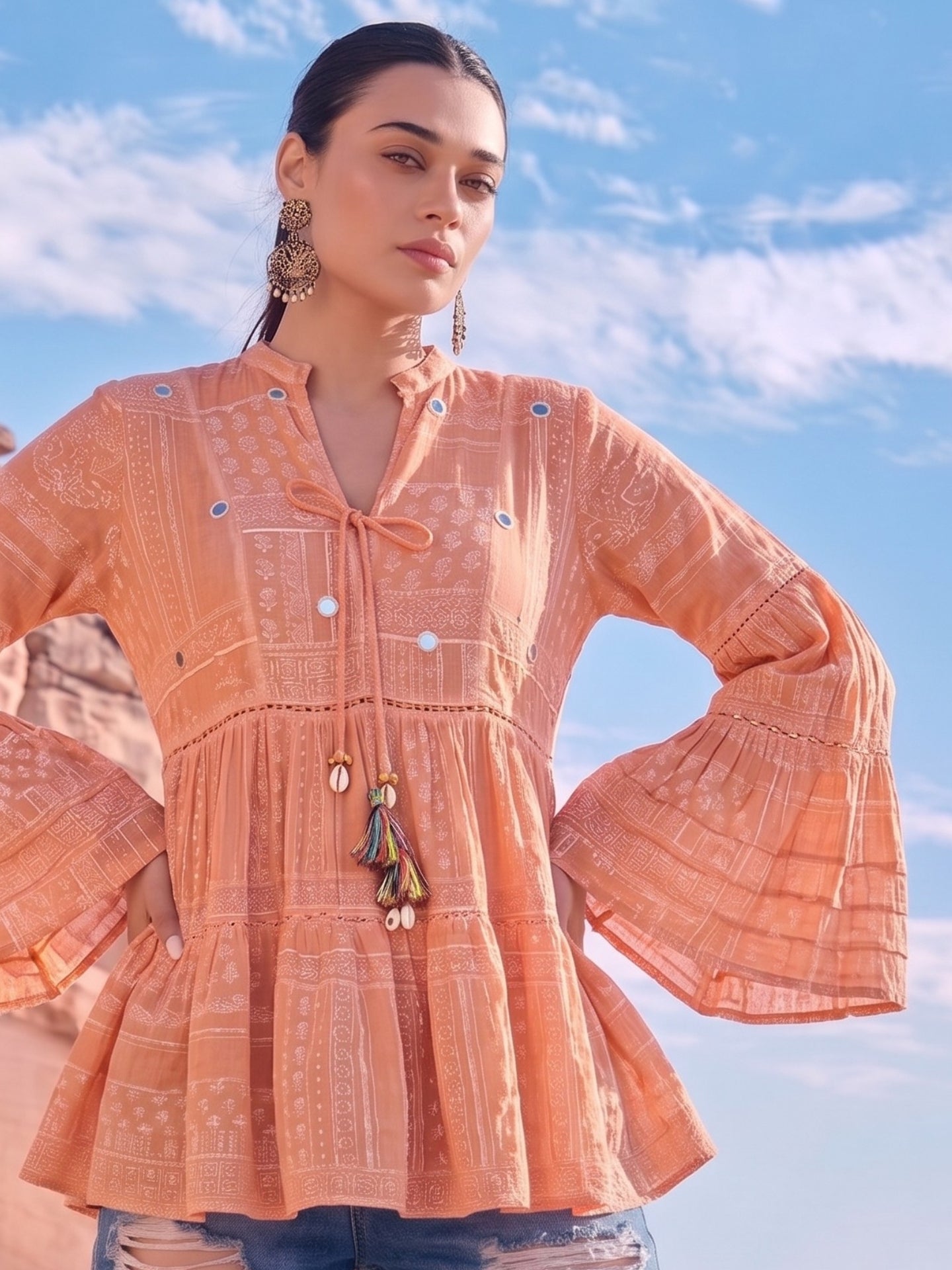 Peach Printed Tiered Boho Top with Bell Sleeves