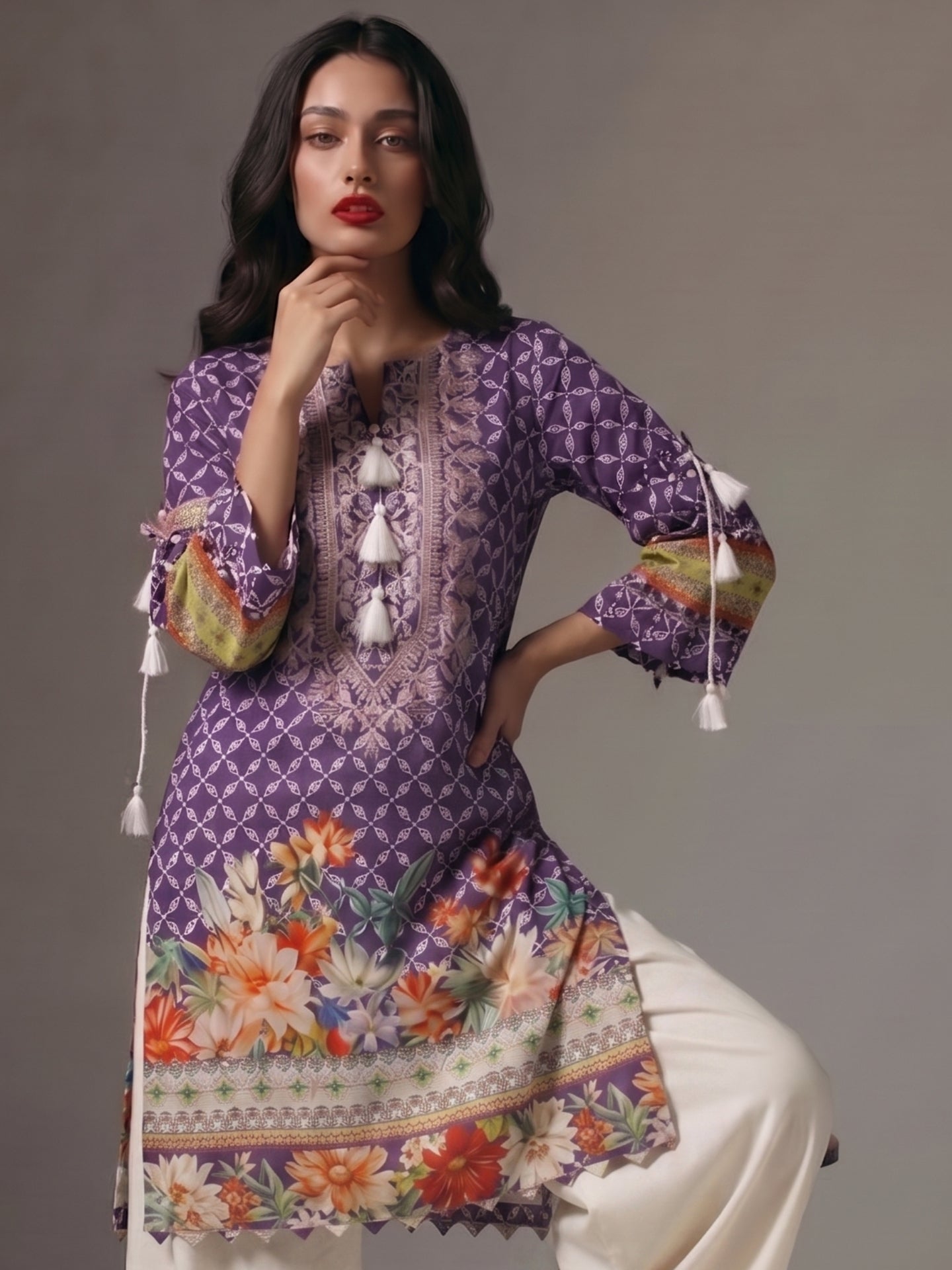 Floral Border Cotton Lawn Kurti
