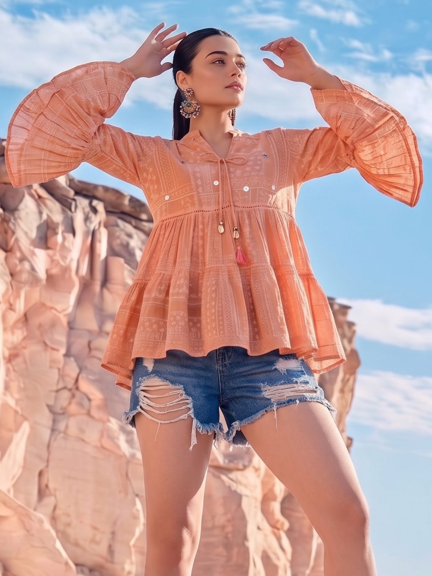 Peach Printed Tiered Boho Top with Bell Sleeves
