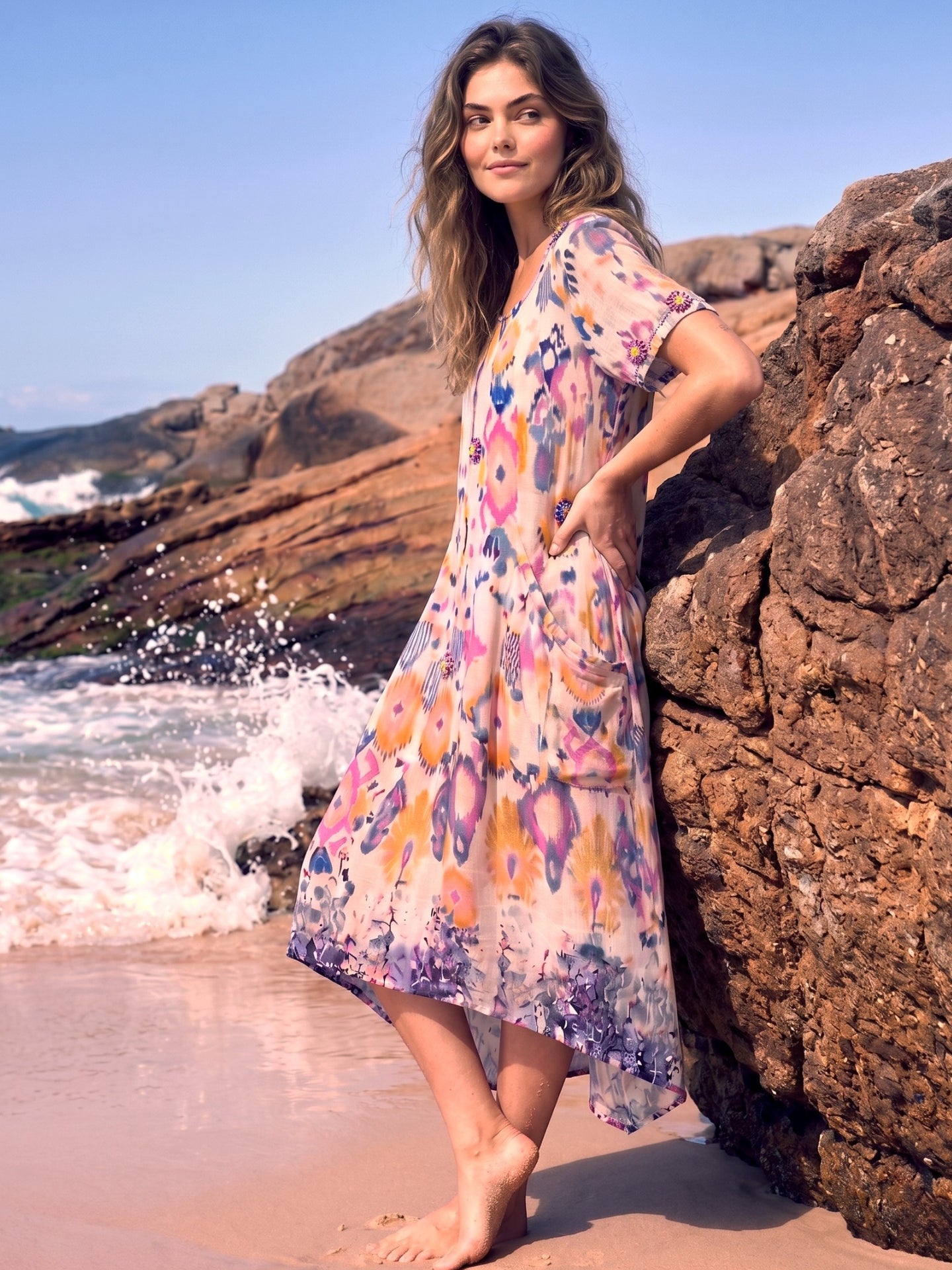 Abstract Floral Print Asymmetric Midi Dress