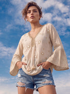 Ivory Mirror Embellished Boho Top with Chevron Flared Sleeves