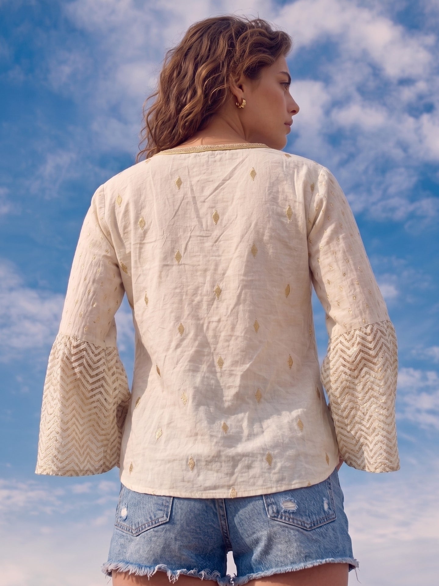 Ivory Mirror Embellished Boho Top with Chevron Flared Sleeves