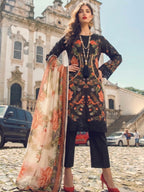 Midnight Black Floral Printed Kurta Set with Dupatta