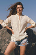 Off White Embroidered Utility Boho Top with Roll-Up Sleeves