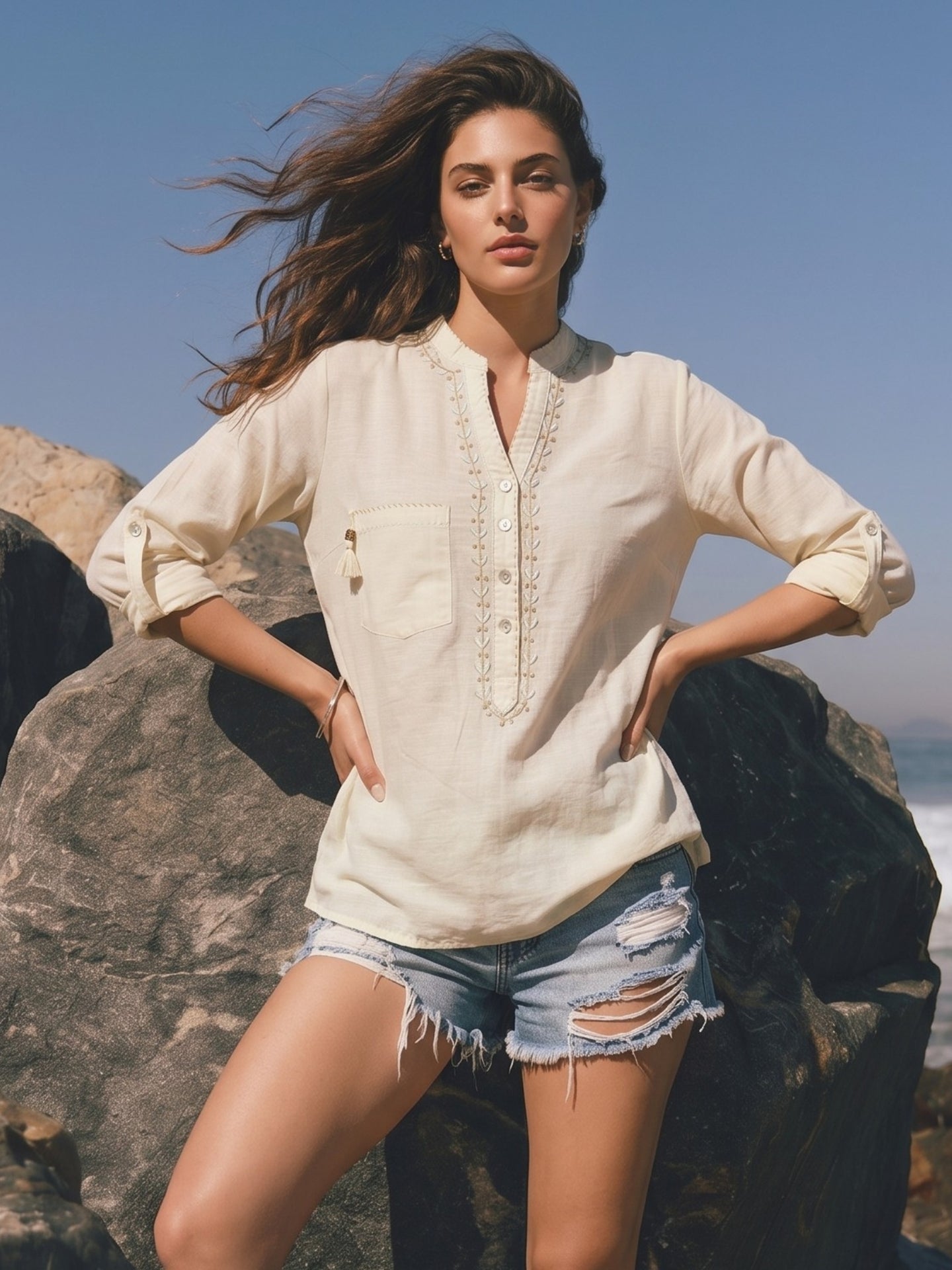 Off White Embroidered Utility Boho Top with Roll-Up Sleeves