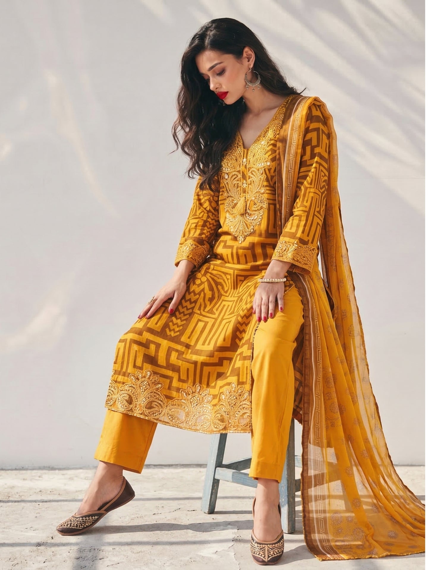 Mustard Yellow Embroidered Festive Kurta Set with Dupatta