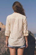 Off White Embroidered Utility Boho Top with Roll-Up Sleeves