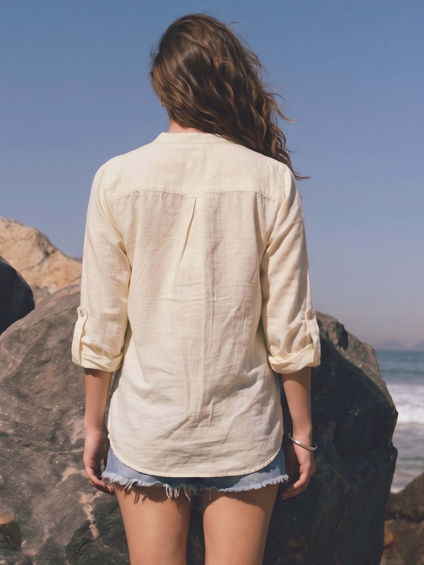 Off White Embroidered Utility Boho Top with Roll-Up Sleeves