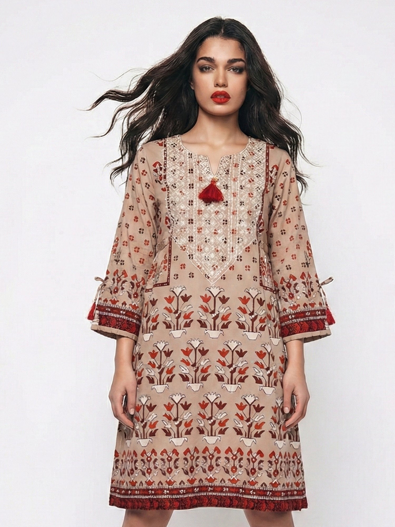 Women's Beige Floral Printed Embroidered Ethnic Kurti