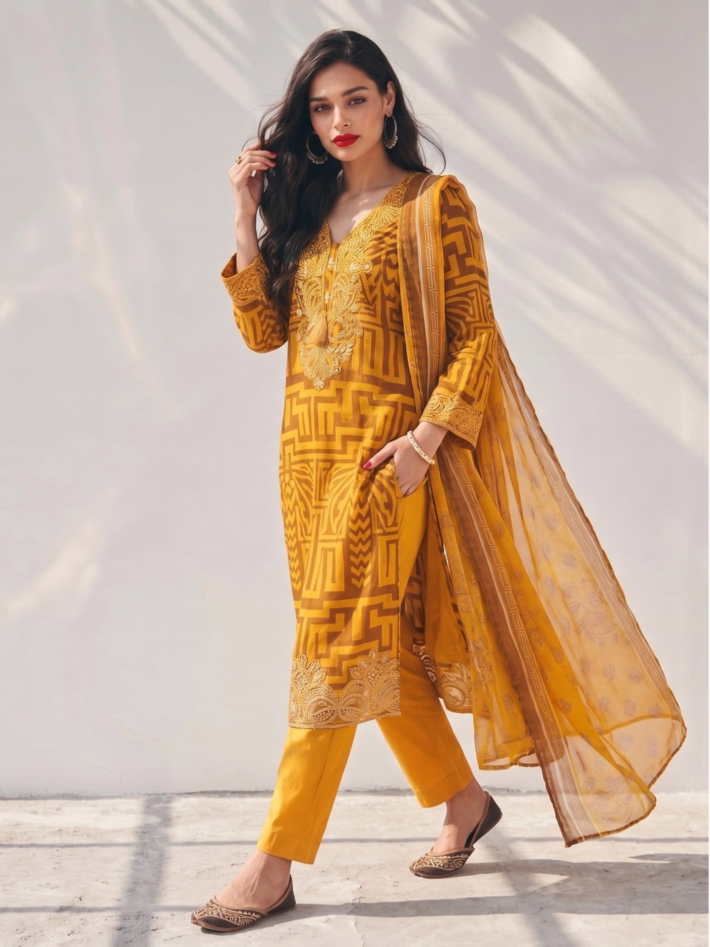 Mustard Yellow Embroidered Festive Kurta Set with Dupatta