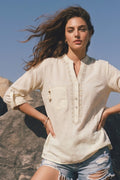 Off White Embroidered Utility Boho Top with Roll-Up Sleeves