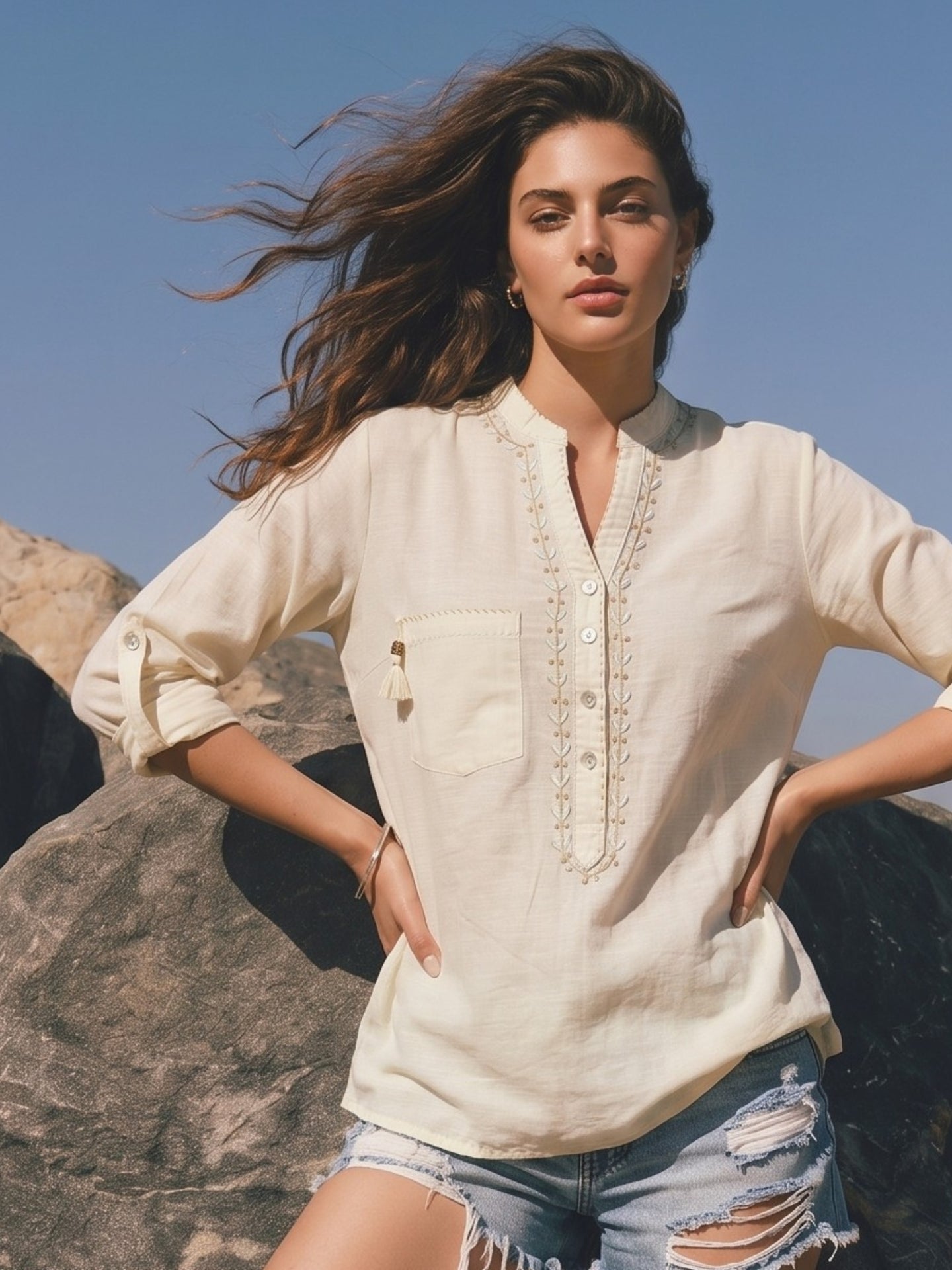 Off White Embroidered Utility Boho Top with Roll-Up Sleeves