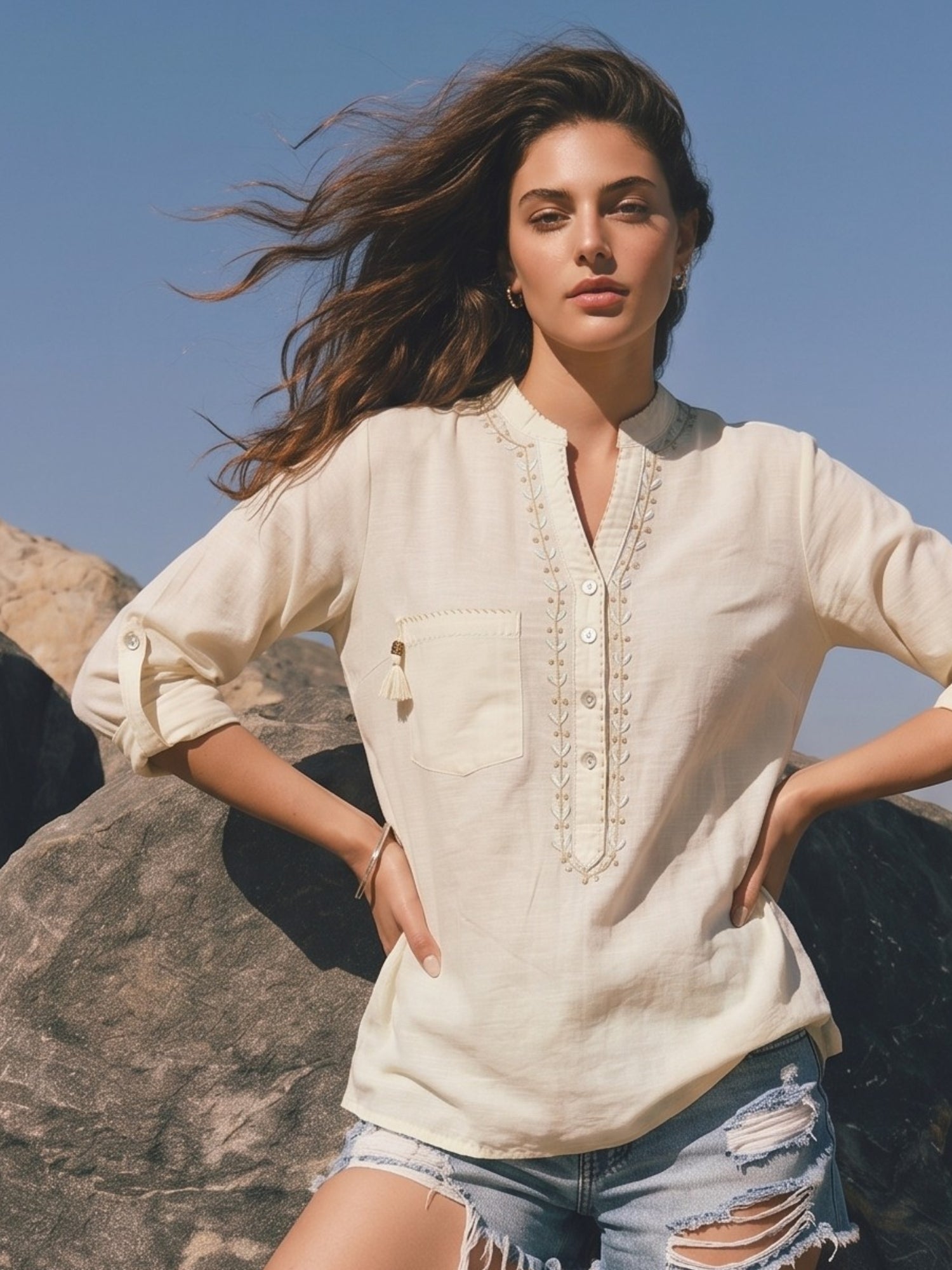 Off White Embroidered Utility Boho Top with Roll-Up Sleeves