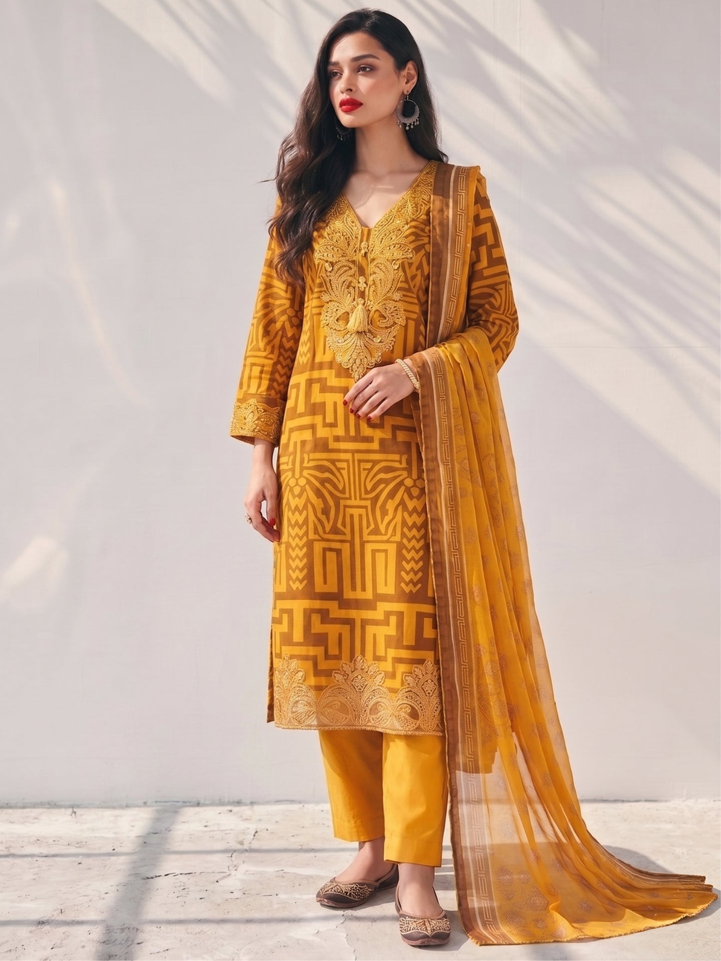 Mustard Yellow Embroidered Festive Kurta Set with Dupatta