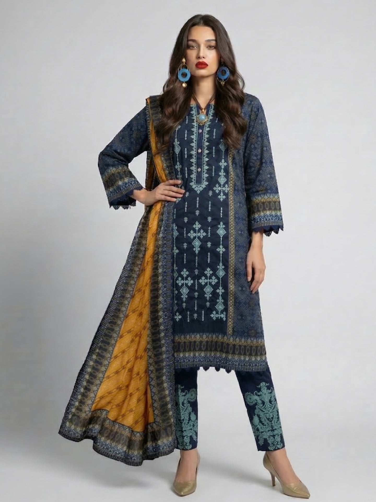 Indigo Blue Tribal Printed Kurta Set with Contrast Dupatta