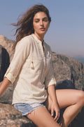 Off White Embroidered Utility Boho Top with Roll-Up Sleeves