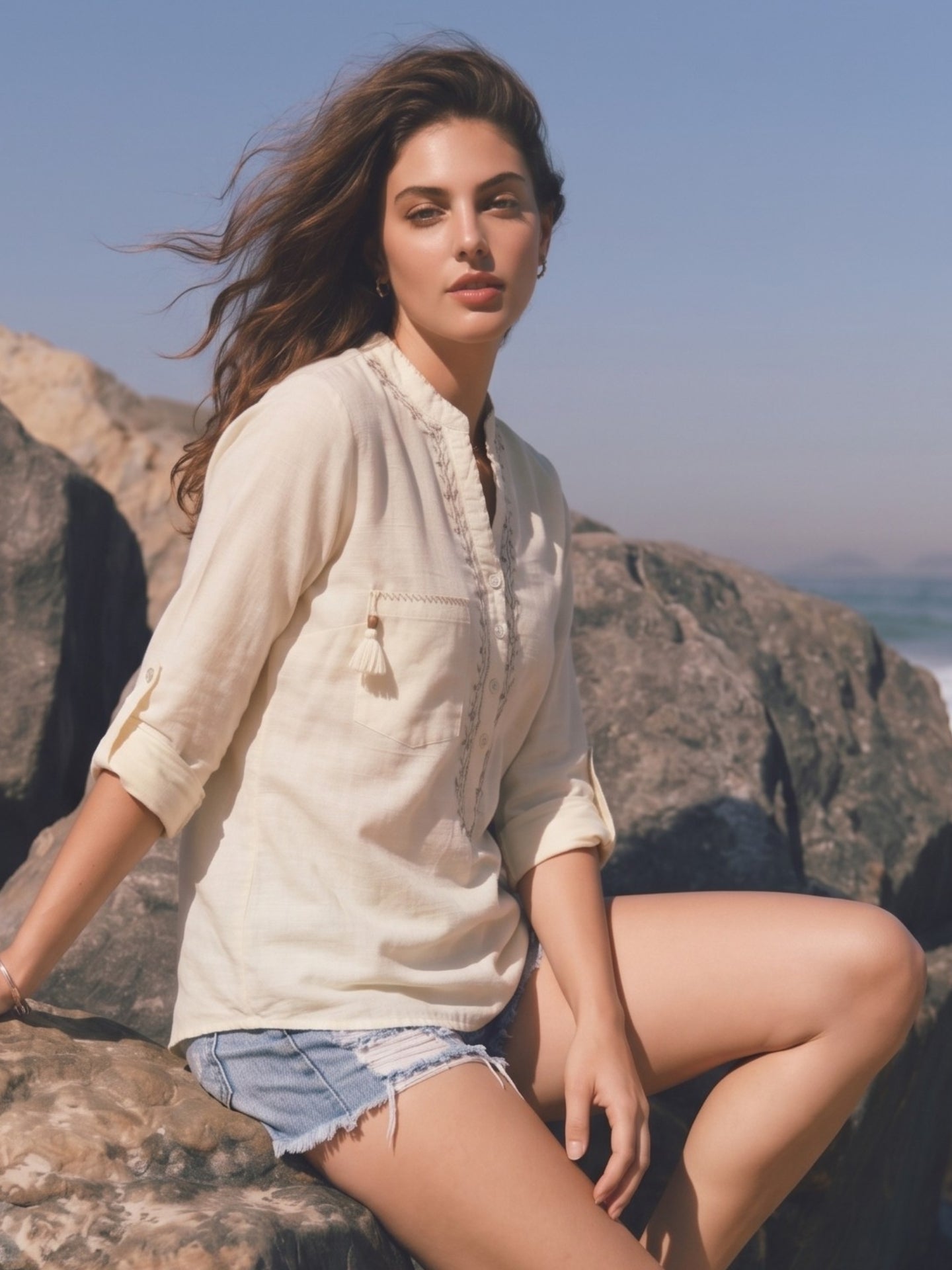 Off White Embroidered Utility Boho Top with Roll-Up Sleeves