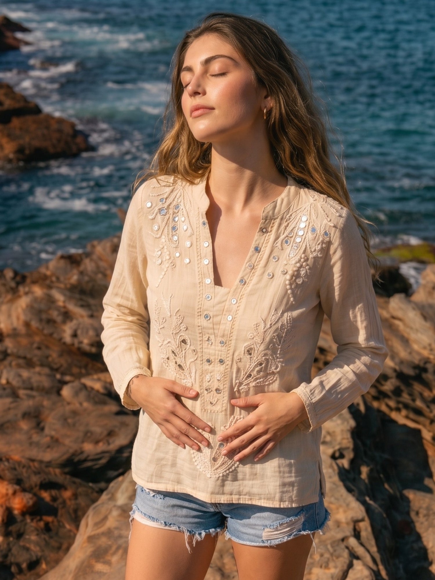 Sand Beige Sequin Embroidered Boho Top