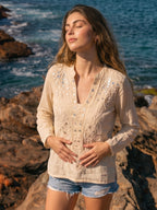Sand Beige Sequin Embroidered Boho Top