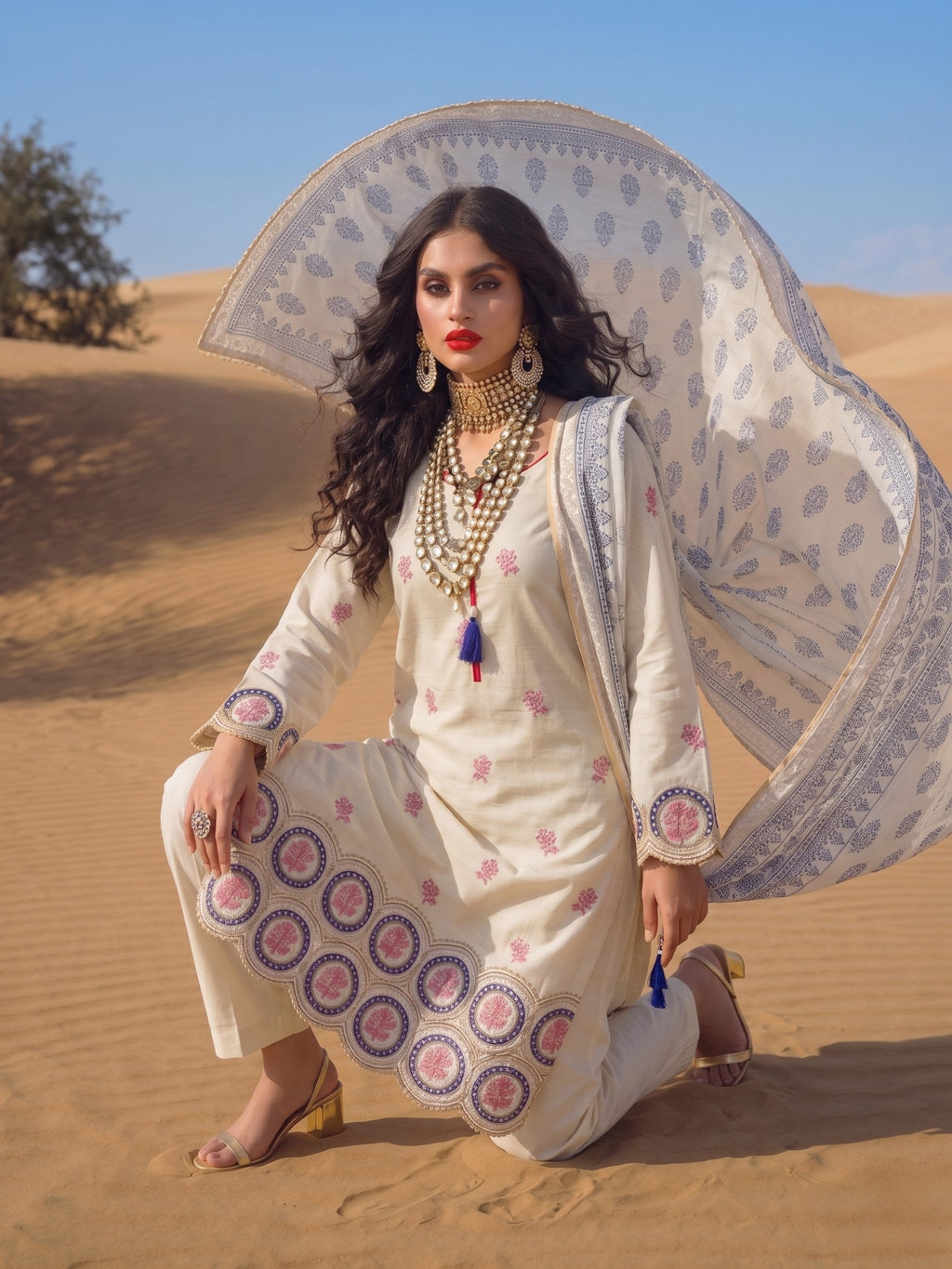 Ivory Floral Border Printed Kurta Set with Dupatta