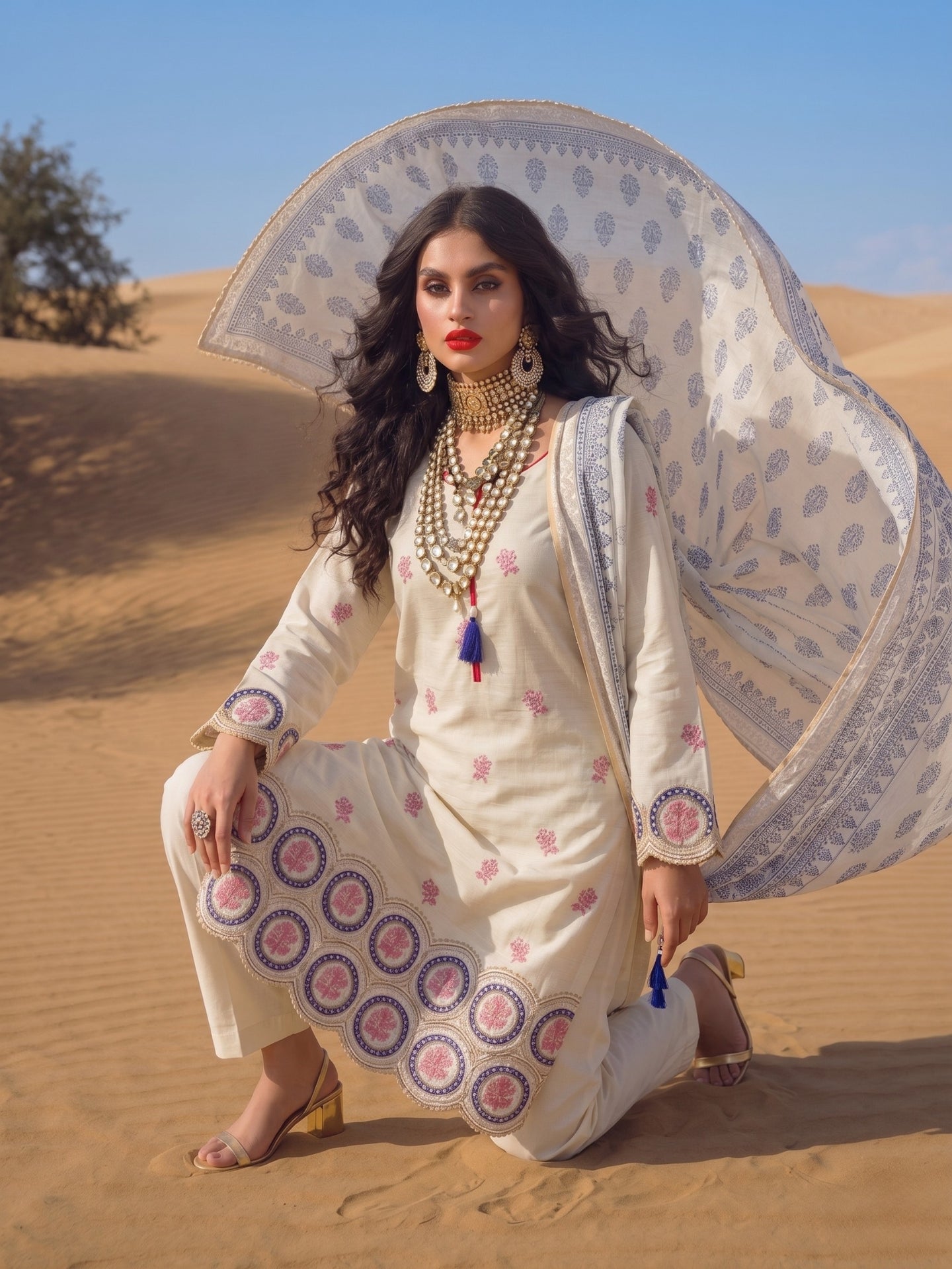 Ivory Floral Border Printed Kurta Set with Dupatta