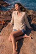 Sand Beige Sequin Embroidered Boho Top