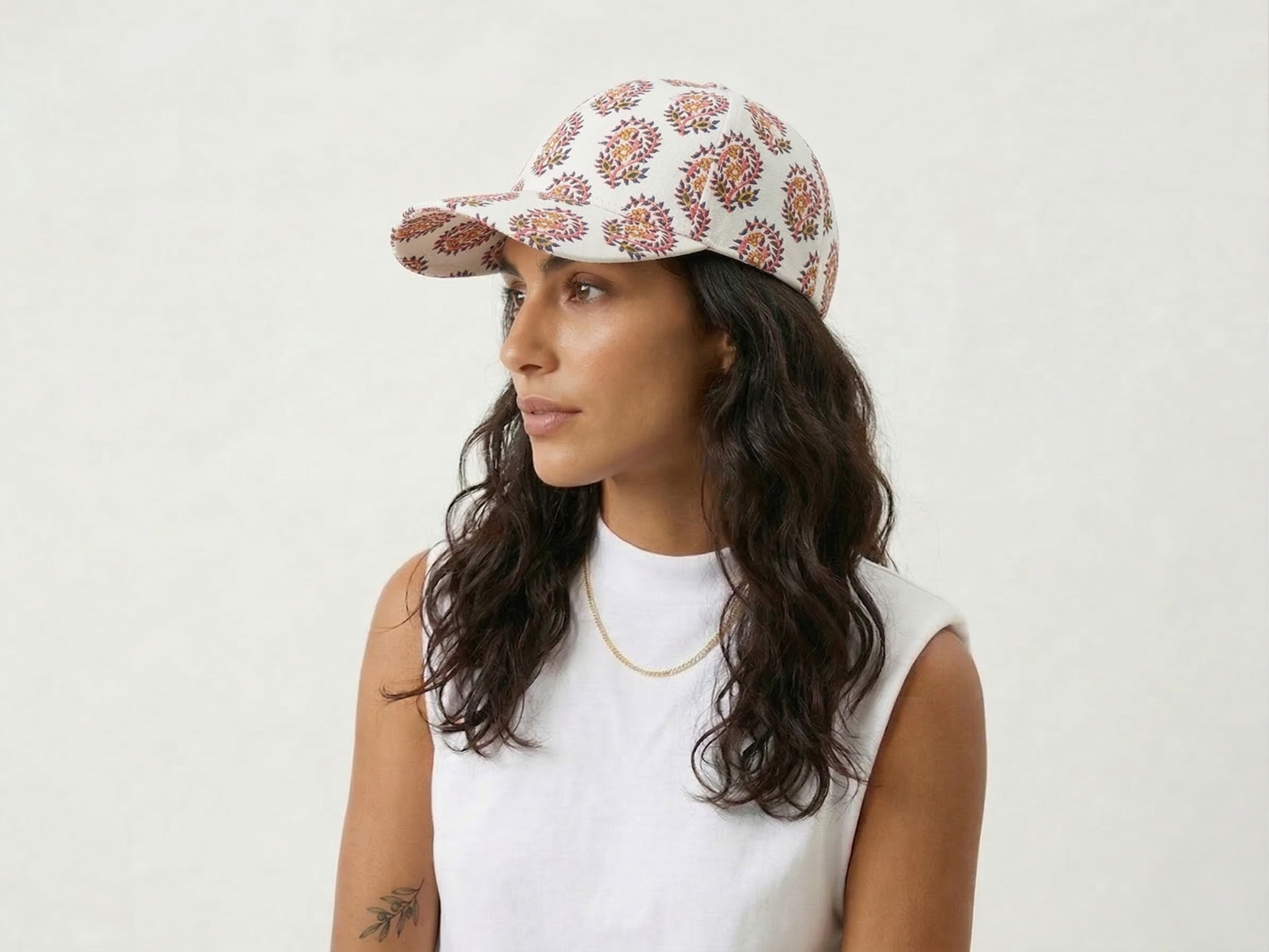 Ivory Paisley Print Baseball Cap