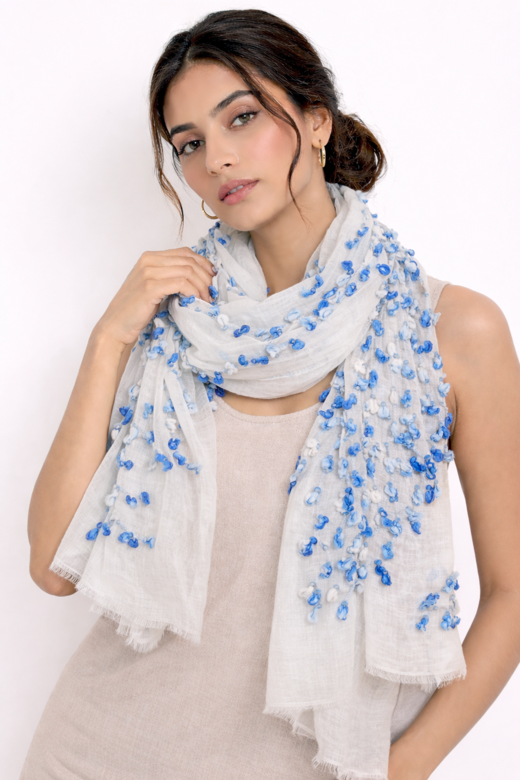 Scarf | White & Blue Textured Pom-Pom Fashion