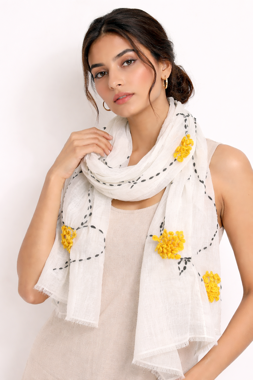 Scarf | White & Mustard Floral Tassel Lightweight Summer