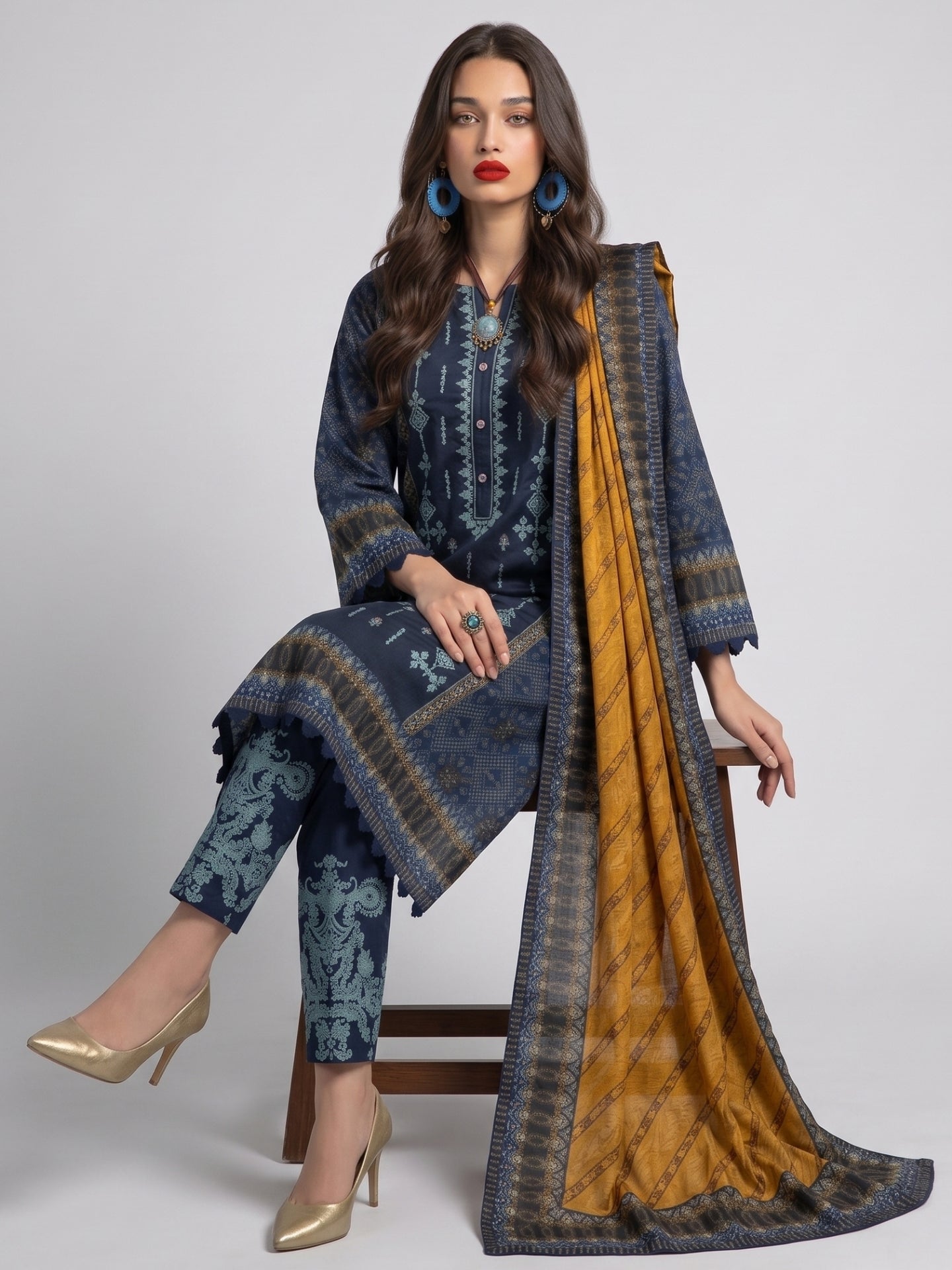 Indigo Blue Tribal Printed Kurta Set with Contrast Dupatta