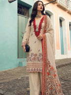 Beige Floral Embroidered Look Kurta Set with Printed Dupatta