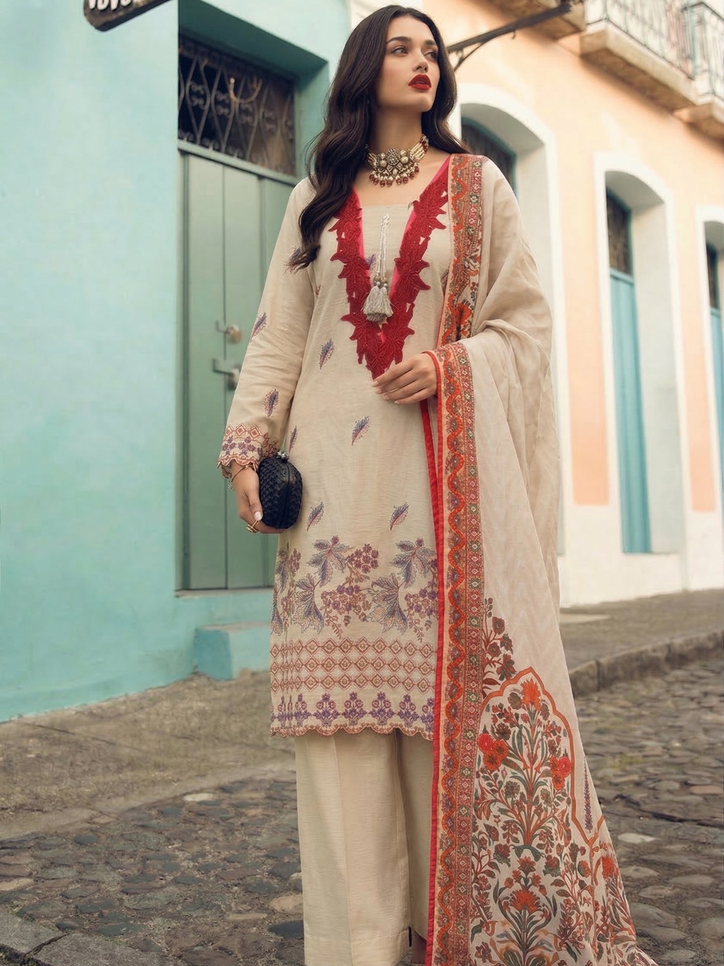 Beige Floral Embroidered Look Kurta Set with Printed Dupatta
