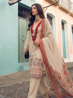 Beige Floral Embroidered Look Kurta Set with Printed Dupatta