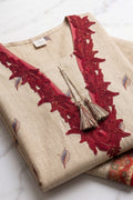 Beige Floral Embroidered Look Kurta Set with Printed Dupatta