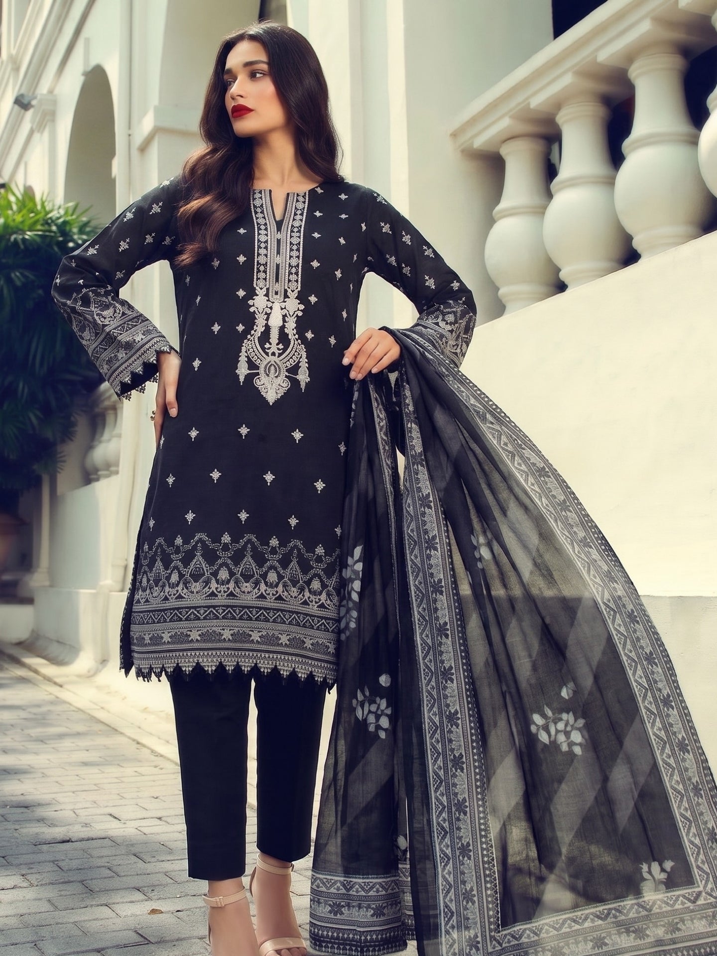 Classic Black Embroidered Ethnic Kurta Set with Dupatta