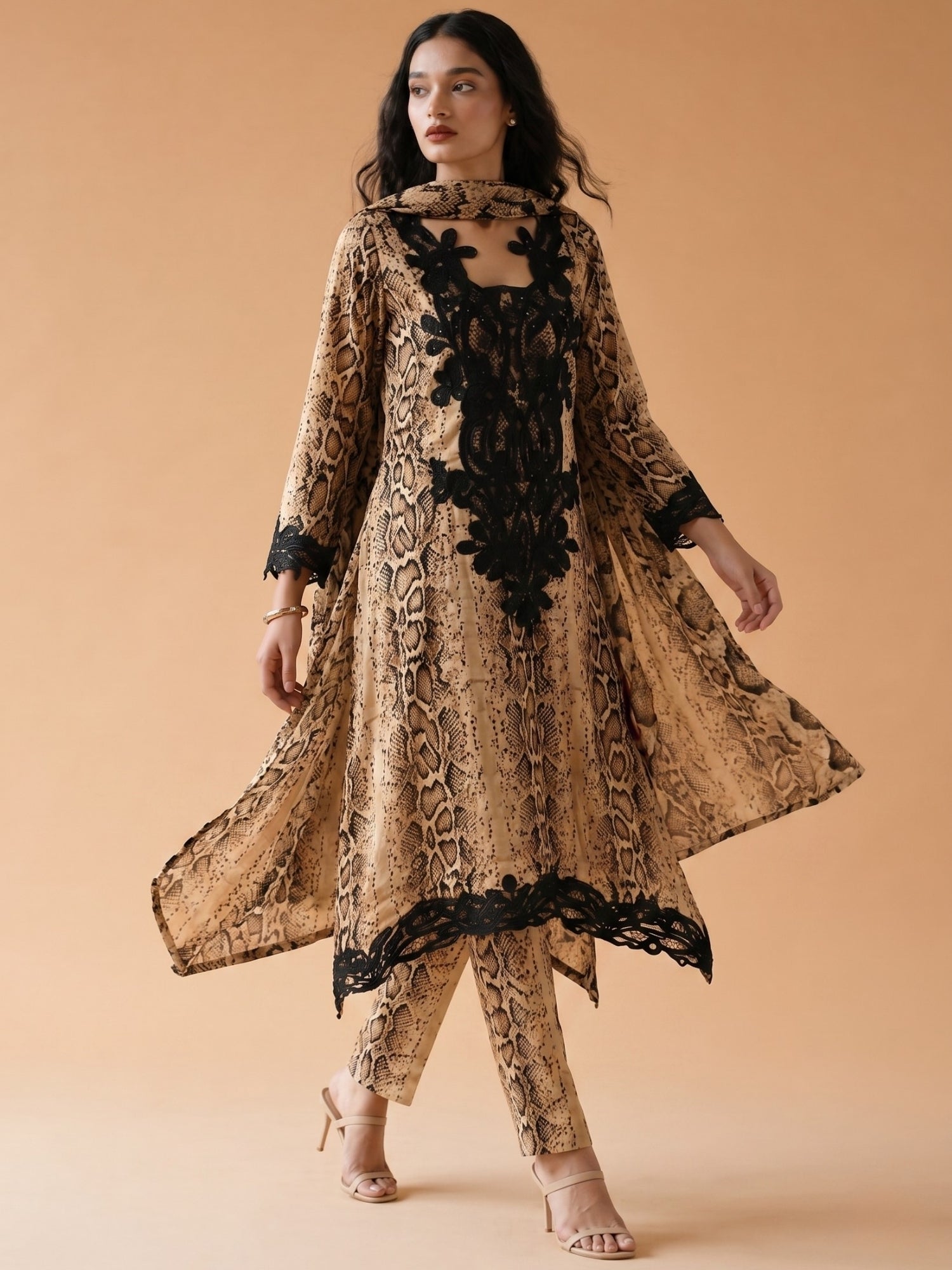 Beige Animal Print Designer Kurta Set with Appliqué Detail