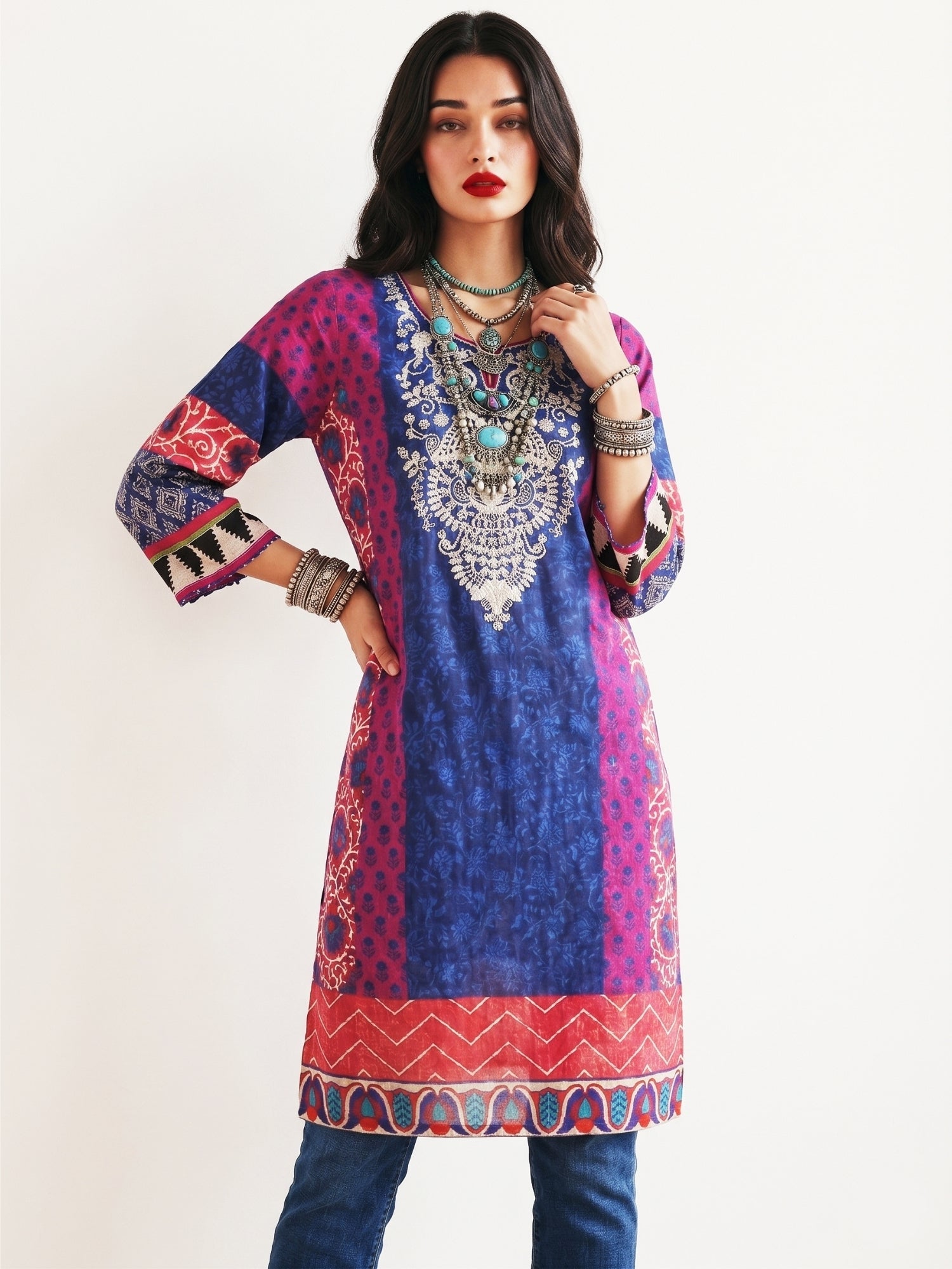 Royal Blue Ethnic Print Cotton Lawn Kurti