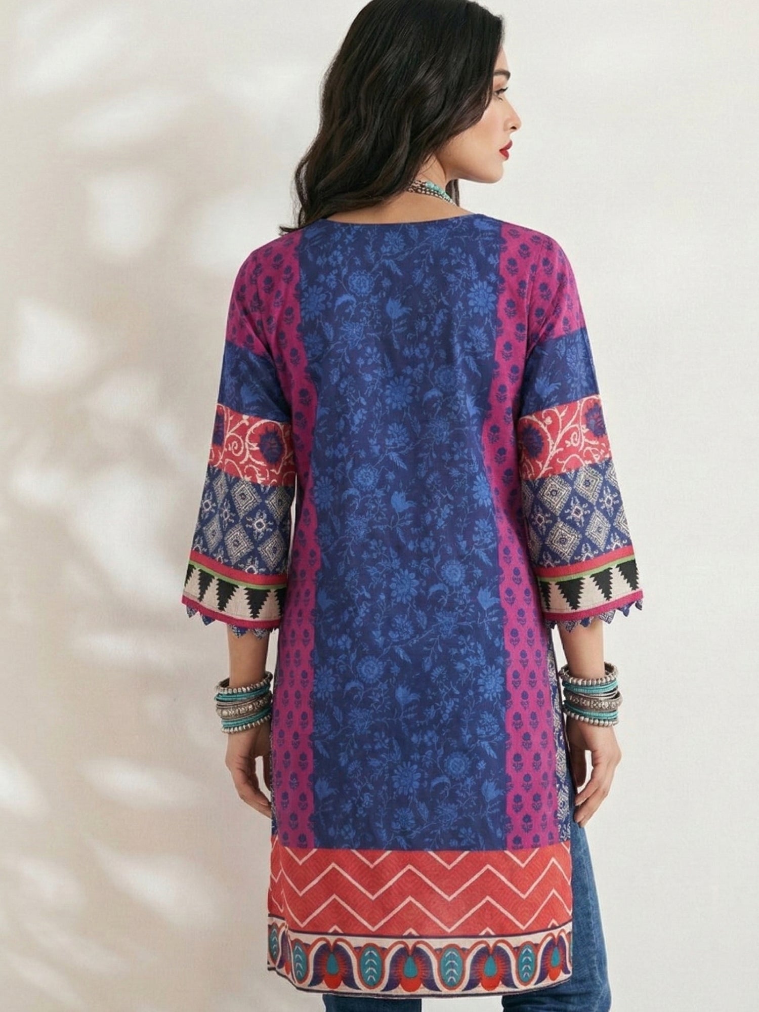Royal Blue Ethnic Print Cotton Lawn Kurti