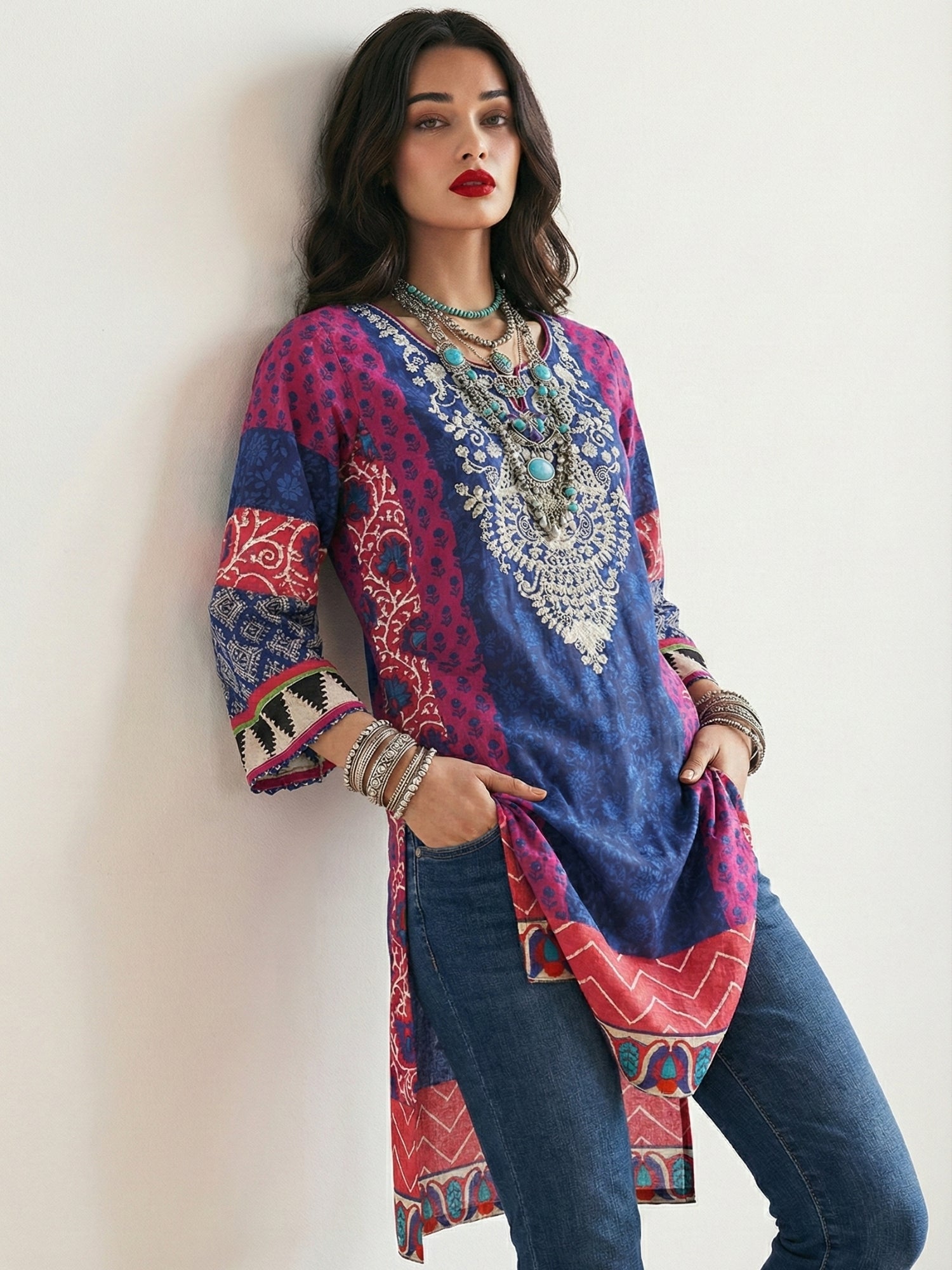 Royal Blue Ethnic Print Cotton Lawn Kurti