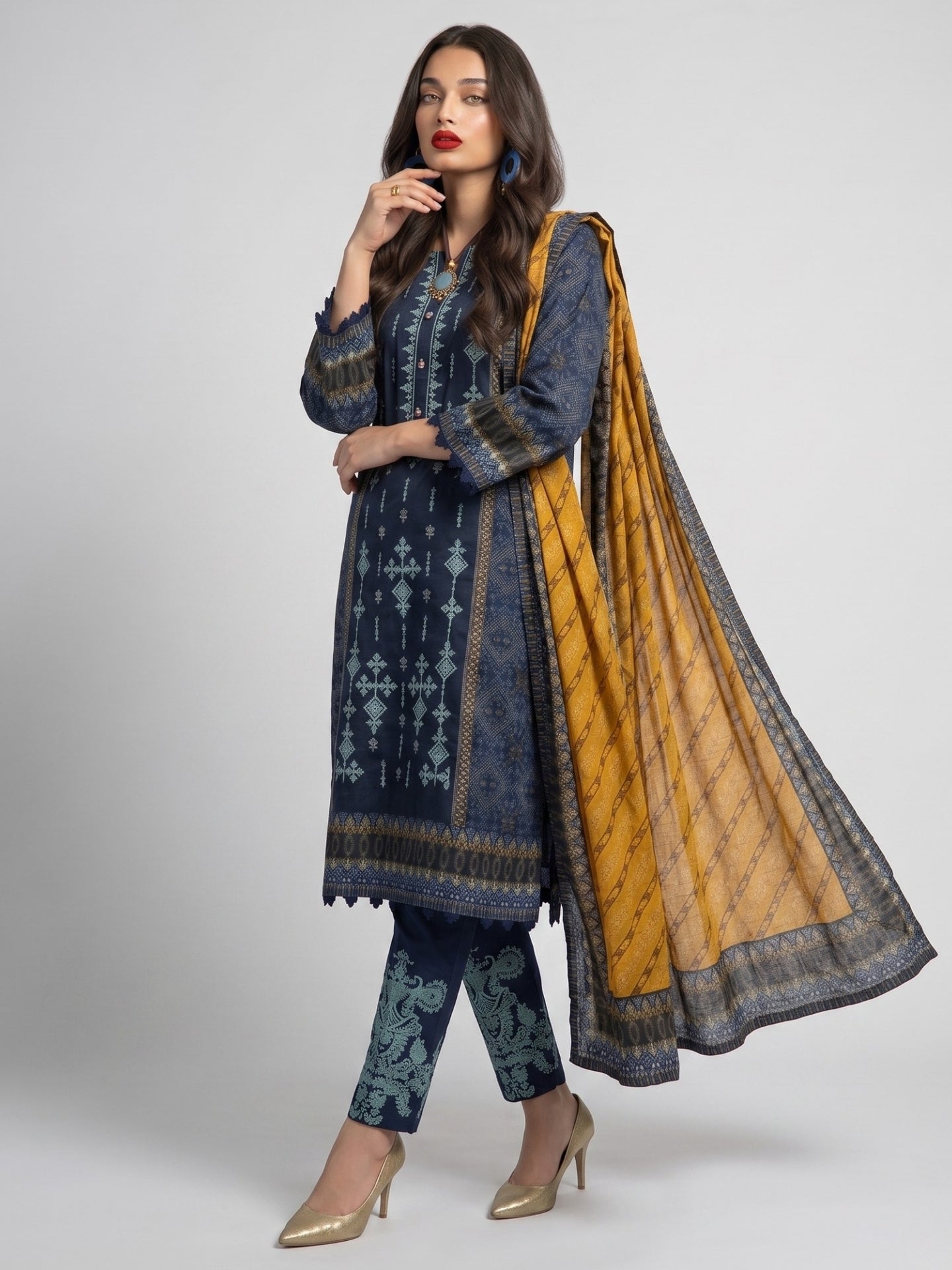 Indigo Blue Tribal Printed Kurta Set with Contrast Dupatta