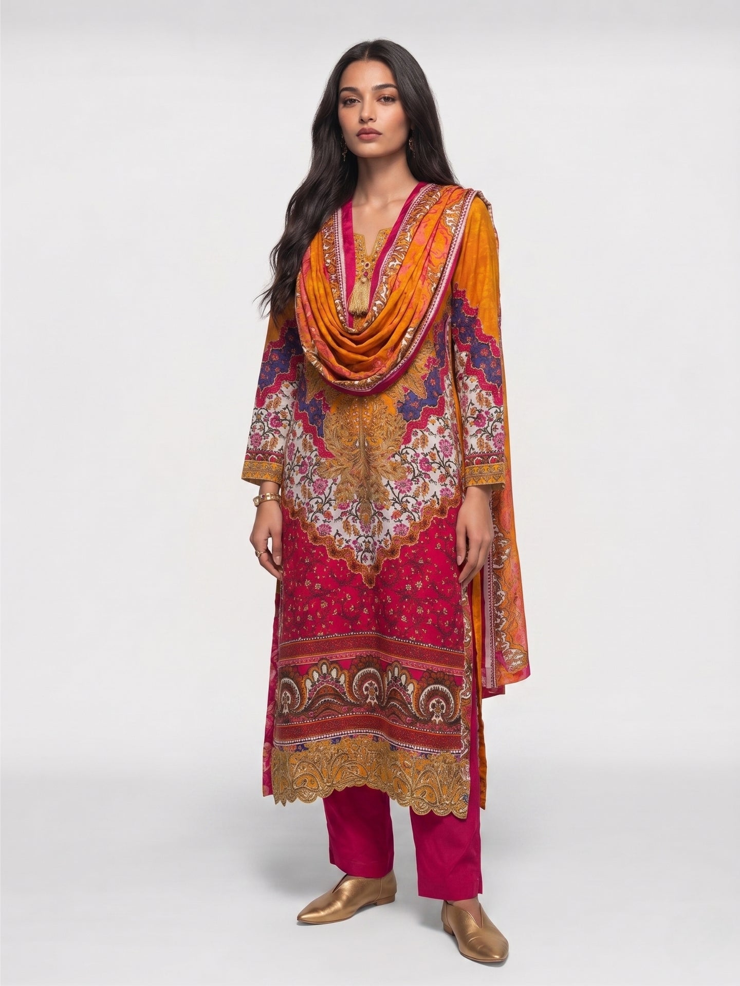 Mustard & Fuchsia Embroidered Festive Kurta Set with Dupatta
