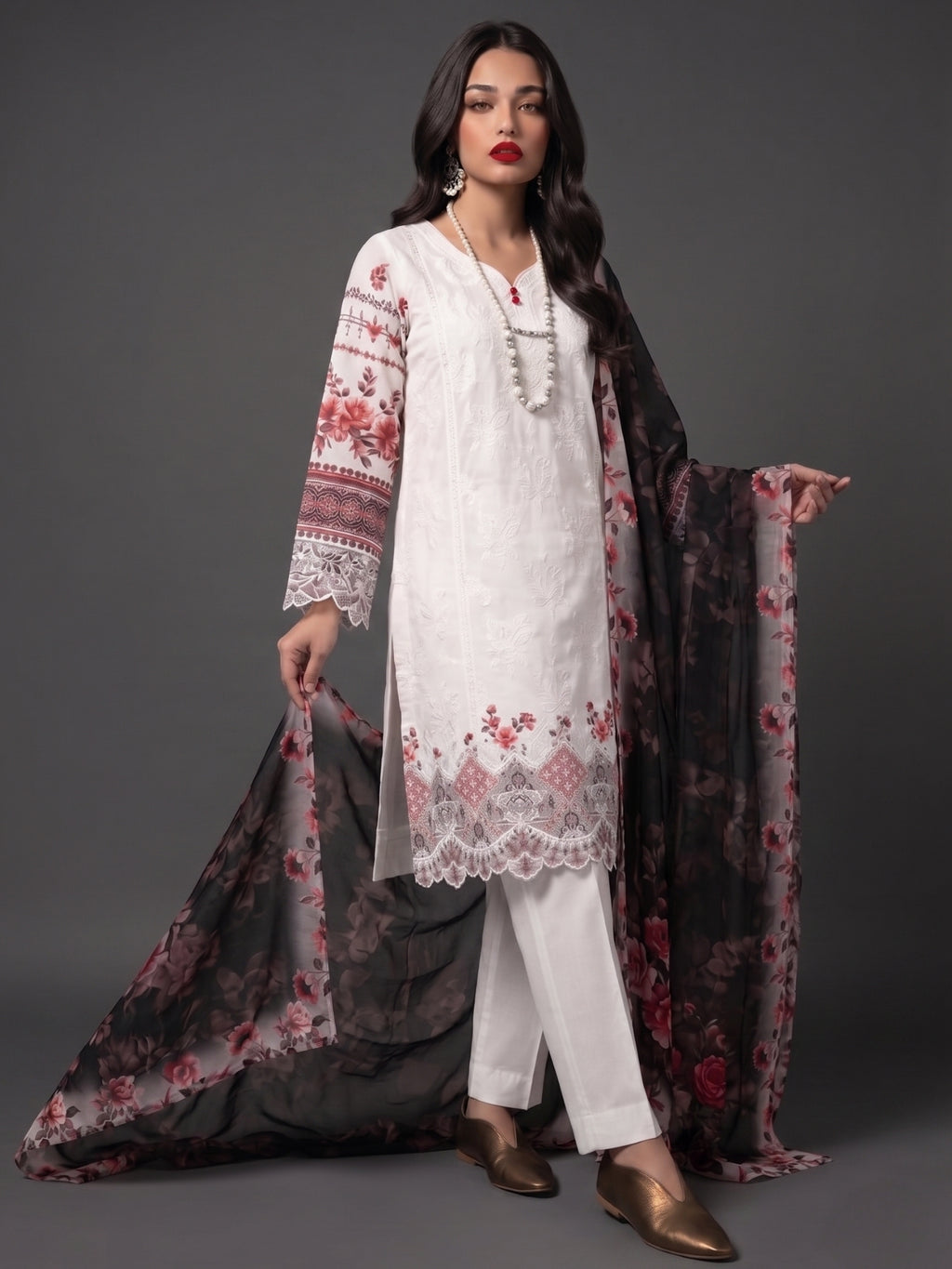 Ivory Floral Lace Detail Kurta Set with Printed Dupatta
